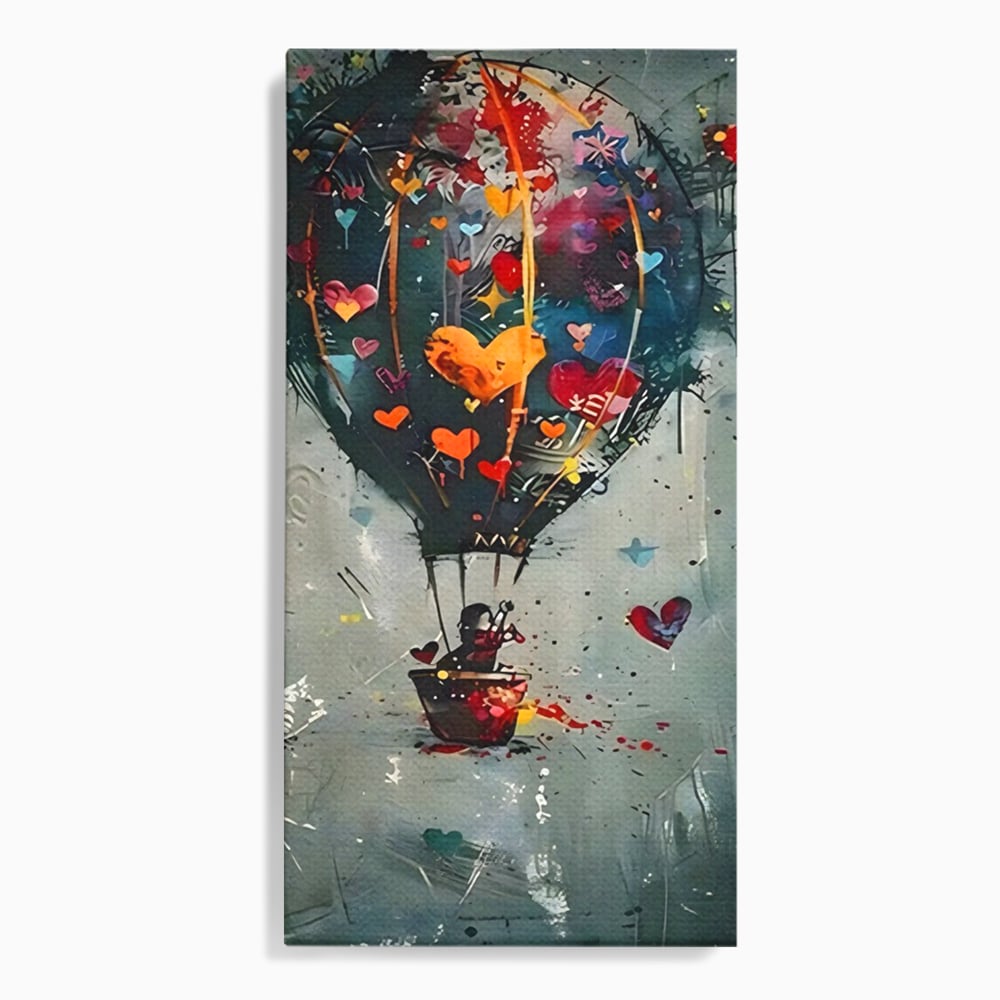 Tablou canvas cu tablou canvas cu balon cu aer cald si inimi, fara rama, pe sasiu de lemn